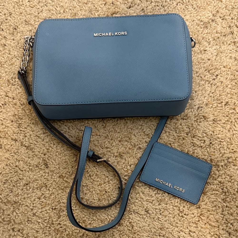 Michael Kors Jet Set Large Saffiano Leather Crossbody Bag + Card Holder | Blue - Picture 2 of 10